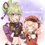  2girls ^_^ ahoge black_gloves blush brown_gloves brown_scarf cabbie_hat cake closed_eyes clover_print coat commentary_request cropped_jacket eating english_text fingerless_gloves food fork genshin_impact gloves green_hair hair_between_eyes hand_on_own_cheek hand_on_own_face happy_birthday hat hat_feather hat_ornament highres holding holding_fork hood hooded_jacket jacket japanese_clothes klee_(genshin_impact) kuki_shinobu light_brown_hair long_hair long_sleeves looking_at_viewer low_twintails multiple_girls nami_harakamiaka navel open_clothes open_jacket ponytail purple_jacket red_coat red_headwear rope scarf shimenawa sidelocks simple_background smile stomach twintails violet_eyes 