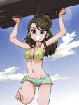  1girl amaretto_(girls_und_panzer) arms_up asymmetrical_bangs barefoot bikini bikini_shorts blue_sky breasts brown_eyes brown_hair clouds cloudy_sky commentary cosplay cowboy_shot day girls_und_panzer green_bikini grin groin half_updo halterneck holding inflatable_toy leg_up lens_flare long_hair looking_at_viewer medium_breasts mismatched_bikini navel outdoors pepperoni_(girls_und_panzer) pepperoni_(girls_und_panzer)_(cosplay) shorts sky smile solo standing standing_on_one_leg swimsuit takahashi_kurage yellow_bikini 