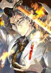  1boy black_hair bright_pupils cc04270903 collared_shirt fate/grand_order fate_(series) flaming_sword flaming_weapon glint hair_between_eyes highres holding holding_sword holding_weapon looking_at_viewer male_focus multicolored_hair open_hands sanpaku shirt short_hair solo streaked_hair striped striped_shirt suit sword test_tube thick_eyebrows upper_body v-shaped_eyebrows weapon white_hair yoshida_shouin_(fate) 