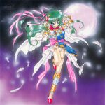  1990s_(style) 1girl arms_up blue_eyes bracelet braid bridal_gauntlets can_can_bunny can_can_bunny_extra cape feathers floating_hair full_body full_moon gold_trim green_hair hair_ribbon highres jewelry long_hair moon night night_sky non-web_source official_art open_mouth ramiya_ryou retro_artstyle ribbon sky solo star_(sky) starry_sky swatty_(can_can_bunny) thighlet 