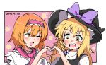  2girls alice_margatroid blush bow braid capelet cookie_(touhou) frilled_hairband frills hair_between_eyes hair_bow hairband hat hat_bow heart heart-shaped_pupils heart_hands heart_hands_duo highres hinase_(cookie) kirisame_marisa long_hair medium_bangs multiple_girls neckerchief niconico_id one_eye_closed open_mouth orange_hair pink_hairband pink_neckerchief purple_bow shirt short_hair side_braid single_braid smile sn_(zigzagspark6) standing star_(symbol) symbol-shaped_pupils teeth touhou upper_body upper_teeth_only uzuki_(cookie) white_capelet white_shirt witch_hat yellow_eyes 