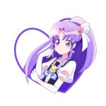  1girl black_vest brooch closed_mouth commentary cure_fortune earrings elbow_gloves emine_mutsu frown gloves hair_ornament hair_ribbon hand_on_own_arm happinesscharge_precure! heart heart_brooch heart_hair_ornament hikawa_iona jewelry long_hair magical_girl neck_ribbon outside_border parted_bangs ponytail precure purple_hair purple_ribbon ribbon shirt short_sleeves solo star_(symbol) star_earrings upper_body vest violet_eyes white_background white_gloves white_ribbon white_shirt 