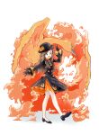  1girl black_gloves brown_eyes brown_hair dress fire gloves hat high_heels highres leaf_(pokemon) long_hair moltres open_mouth pantyhose pokemon pokemon_(creature) pokemon_(game) pokemon_masters_ex simple_background u4_99384295 v white_background white_pantyhose 