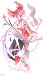  1girl arrow_(projectile) bow_(weapon) dress frilled_dress frills full_body gloves haruri highres holding holding_arrow holding_bow_(weapon) holding_weapon kaname_madoka kneehighs kyubey magical_girl mahou_shoujo_madoka_magica open_mouth pink_eyes pink_footwear pink_hair puffy_short_sleeves puffy_sleeves short_dress short_sleeves socks twintails weapon white_gloves white_socks 