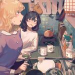  2girls black_hair blonde_hair bottle brown_eyes checkered_wall commentary_request cup door faucet frying_pan highres holding holding_spoon indoors jar kitchen long_hair long_sleeves looking_at_another maribel_hearn mug multiple_girls mushiao open_mouth oven_mitts plate profile purple_shirt scissors shirt sideways_mouth sink soap_dispenser spatula spoon stove sweatdrop teapot touhou towel upper_body usami_renko utensil_in_mouth white_shirt 