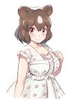  1girl alternate_costume animal_ears bear_ears bear_girl blush brown_bear_(kemono_friends) brown_hair casual collarbone dress extra_ears frilled_dress frills highres ieinu_account kemono_friends looking_at_viewer multicolored_hair orange_eyes print_dress short_hair smile solo sundress two-tone_hair white_dress white_hair 