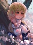  1girl arm_warmers blonde_hair breasts brown_shirt cherry_blossoms green_eyes highres medium_breasts medium_hair mizuhashi_parsee nanaironokabi pointy_ears scarf shirt smile solo touhou white_scarf 