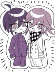  2boys :d ahoge alternate_costume alternate_hair_color blush buttons checkered_clothes checkered_scarf chibi cropped_legs danganronpa_(series) danganronpa_v3:_killing_harmony double-breasted hair_between_eyes highres long_sleeves male_focus multiple_boys oma_kokichi open_mouth pants pink_eyes pink_hair saihara_shuichi scarf smile urami0310 