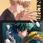  2boys adjusting_clothes adjusting_gloves angry aqua_eyes aqua_mask atmospheric_perspective bags_under_eyes bakugou_katsuki black_shirt blonde_hair blue_background blurry boku_no_hero_academia bright_pupils cape closed_mouth color_coordination contrast depth_of_field film_grain freckles from_side frown furrowed_brow gloves gradient_background green_background green_hair hands_up head_down highres looking_ahead male_focus midoriya_izuku multiple_boys official_alternate_costume open_mouth outside_border own_hands_together paper polka_dot polka_dot_background portrait profile red_eyes sanpaku shiina_(chippy0310) shirt short_hair sideways_mouth spiky_hair spoilers t-shirt tearing_paper teeth text_background text_focus torn torn_cape torn_clothes torn_mask torn_paper upper_teeth_only white_gloves white_pupils yellow_background yellow_cape 