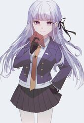  1girl black_ribbon book braid brown_necktie cowboy_shot danganronpa:_trigger_happy_havoc danganronpa_(series) grey_hair hair_ribbon hand_on_own_hip highres holding holding_book jacket kirigiri_kyoko long_hair long_sleeves looking_at_viewer miniskirt necktie open_clothes open_jacket pink_eyes pleated_skirt purple_jacket ribbon side_braid simple_background skirt smile solo white_background zhu_(a_k_qol) 