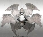  1girl absurdres apron black_dress black_hairband closed_mouth demizu_posuka dress feathered_wings floating grey_hair hairband halo highres holding long_hair looking_at_viewer midair multiple_wings original smile solo white_apron wings yellow_eyes 
