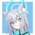  1girl animal_ear_fluff animal_ears blue_archive blue_eyes blush closed_mouth criss-cross_halter extra grey_hair hair_between_eyes halo halterneck head_tilt highres looking_at_viewer mismatched_pupils portrait scarf shiroko_(blue_archive) short_hair sidelocks solo suimz wolf_ears 