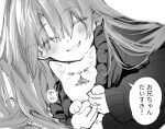  &gt;_&lt; 1girl animal archived_source blush cat closed_eyes facing_viewer greyscale highres holding holding_animal holding_cat honjou_ruri honnryou_hanaru jacket long_hair monochrome original parted_lips simple_background sketch smile solo 