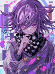  1boy absurdres black_nails black_shirt buttons checkered_clothes checkered_scarf closed_mouth danganronpa_(series) danganronpa_v3:_killing_harmony double-breasted hand_up highres long_sleeves medium_hair multicolored_background nail_polish oma_kokichi pink_eyes purple_hair scarf shirt smile solo upper_body urami0310 