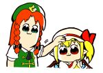  2girls :3 ascot bkub_(style) blonde_hair braid closed_mouth flandre_scarlet green_eyes green_headwear green_vest hand_on_another&#039;s_head hat hat_ornament hat_ribbon highres hong_meiling mofujiro multicolored_wings multiple_girls pointy_ears poptepipic puffy_short_sleeves puffy_sleeves red_eyes red_ribbon red_vest redhead ribbon shirt short_sleeves star_(symbol) star_hat_ornament touhou twin_braids upper_body vest white_background white_headwear white_shirt wings yellow_ascot 