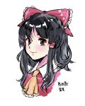  1girl ascot black_hair blush bow brown_eyes closed_mouth hair_bow hair_tubes hakurei_reimu highres long_hair mole paw_print red_bow red_shirt ribbon shirt simple_background sketch smile solo touhou translation_request upper_body white_background yomogi_0001 