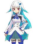  1girl armband blue_hair blue_skirt blue_thighhighs closed_mouth commentary_request hair_flaps hair_ornament hand_on_own_hip highres jacket lize_helesta lize_helesta_(1st_costume) long_hair long_sleeves looking_at_viewer multicolored_hair nijisanji pleated_skirt red_eyes safety_pin shirt simple_background skirt sleeves_past_wrists smile solo suzurino thigh-highs two-tone_hair very_long_hair virtual_youtuber white_background white_hair white_jacket white_shirt 