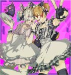  2boys animal_ears apron axel_syrios axelotl_(axel_syrios) black_nails black_thighhighs blonde_hair blue_eyes blue_hair border collar crossdressing dress fake_animal_ears fangs fingerless_gloves foreshortening frilled_apron frilled_skirt frilled_sleeves frills gavis_bettel gloves grey_hair hair_between_eyes hairband heterochromia highres holding holding_tray holostars holostars_english looking_at_viewer maid_headdress male_focus medium_hair multicolored_hair multiple_boys neck_ribbon nyaningisa one_eye_closed open_mouth outline phantom_(gavis_bettel) pink_background pink_eyes pink_hair redhead ribbon short_hair skirt spiked_collar spikes sweatdrop thigh-highs tongue tongue_out tray twintails virtual_youtuber white_apron white_border white_hair white_outline white_thighhighs 