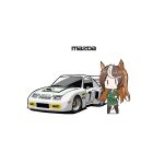  1girl animal_ears ascot black_thighhighs brown_hair car chibi commentary_request crossed_arms earrings epaulettes full_body gloves green_skirt highres horse_ears horse_girl horse_tail jewelry logo long_sleeves looking_at_viewer mazda motor_vehicle multicolored_hair run_rotary simple_background single_earring single_epaulette skirt solo spoiler_(automobile) streaked_hair symboli_rudolf_(umamusume) tail thigh-highs umamusume white_ascot white_background white_car white_gloves white_hair |_| 
