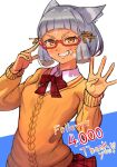  1girl animal_ear_fluff animal_ears blue_background blush bow breasts brown_ribbon brown_sweater collared_shirt commentary_request glasses grey_hair grin hair_ribbon hands_up highres long_sleeves looking_at_viewer milestone_celebration nia_(xenoblade) plaid plaid_bow plaid_skirt pleated_skirt r123 red-framed_eyewear red_bow red_skirt ribbon semi-rimless_eyewear shirt short_hair skirt small_breasts smile solo sparkle sweater thick_eyebrows two-tone_background under-rim_eyewear v-shaped_eyebrows white_background white_shirt xenoblade_chronicles_(series) xenoblade_chronicles_2 