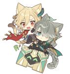  2boys :&lt; ^_^ ahoge alhaitham_(genshin_impact) animal_ear_fluff animal_ears beamed_eighth_notes black_footwear black_gloves black_pants black_shirt blonde_hair blush blush_stickers book boots braid cape cat_boy cat_ears cat_tail chibi closed_eyes closed_mouth commentary_request crying crying_with_eyes_open earrings eyelashes feather_hair_ornament feathers genshin_impact gloves gold_trim green_cape green_eyes green_hair grey_hair hair_between_eyes hair_ornament hair_over_one_eye hand_up highres holding holding_book jewelry kaveh_(genshin_impact) kokotendon leopard_boy leopard_ears leopard_tail long_hair long_sleeves male_focus mehrak_(genshin_impact) multicolored_hair multiple_boys musical_note one_eye_covered open_book open_mouth pants parted_bangs red_cape red_eyes shirt short_hair shoulder_cape sidelocks simple_background single_braid suitcase swept_bangs tail tassel tears white_background white_shirt 