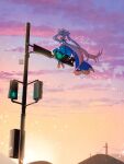  1girl artist_name blue_cape blue_dress blue_footwear blue_hair boots cape clouds cloudy_sky cure_sky dress facing_away gradient_hair gradient_sky highres hirogaru_sky!_precure long_hair magical_girl multicolored_hair orange_sky outdoors pink_hair power_lines precure purple_sky scenery signature sitting sky solo sora_harewataru sunset tete_a traffic_light twintails very_long_hair wind wing_hair_ornament 