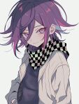  1boy absurdres blue_shirt checkered_clothes checkered_scarf closed_mouth danganronpa_(series) danganronpa_v3:_killing_harmony highres jacket looking_at_viewer male_focus multicolored_hair oma_kokichi pink_hair purple_hair scarf shirt short_hair smile solo urami0310 violet_eyes white_background white_jacket 