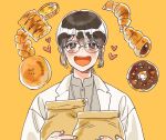  1girl algedi000 bag blush bread brown_eyes brown_hair chocolate_cornet commentary_request croissant doughnut eoduun_badaui_deungbul-i_doeeo food glasses heart highres holding holding_bag korean_commentary lab_coat looking_at_viewer open_mouth orange_background paper_bag short_hair simple_background smile solo upper_body yu_geum-i 