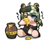  1girl ahoge black_outline black_shirt blue_eyes brown_horns chibi commentary_request eating eyepatch food food_on_face full_body green_hair highres honey honeypot horns low_twintails mask mask_on_head medium_bangs medium_hair nanashi_inc. outline sekishiro_mico shiranui_enki shirt short_twintails simple_background sitting sleep_mask solo twintails virtual_youtuber white_background 