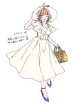  1girl :d ^_^ absurdres bag blue_footwear blush brown_hair cardcaptor_sakura closed_eyes dress earrings footwear happy hat high_heels highres jewelry kinomoto_sakura kisumi_rei shoes short_hair signature smile white_background white_dress white_headwear 