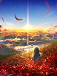  1girl absurdres black_hair blue_sky clouds field flower flower_field highres horizon long_hair looking_afar morning original outdoors plant scenery sky smile_(qd4nsvik) solo spider_lily sun sunrise 