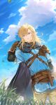  1boy armor belt black_cape blonde_hair blue_eyes blue_shirt blue_sky cape commentary grass highres hood hood_down hooded_cape leather_belt link long_hair male_focus outdoors pants pointy_ears shirt shoulder_armor sky standing the_legend_of_zelda the_legend_of_zelda:_tears_of_the_kingdom vambraces yuyuhi_fine 