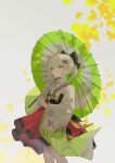  1girl absurdres ahoge arknights black_bow bow commentary_request grey_background grey_umbrella hair_bow hair_ornament highres holding holding_umbrella japanese_clothes kimono long_sleeves miike_(992058) obi oil-paper_umbrella ponytail red_skirt sash scene_(arknights) scene_(betsushi)_(arknights) sidelocks simple_background skirt solo standing umbrella white_hair white_kimono wide_sleeves yellow_eyes 