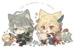  &gt;_&lt; 2boys :d :o ^_^ acorn ahoge alhaitham_(genshin_impact) animal_ear_fluff animal_ears artist_name backpack bag beamed_eighth_notes black_footwear black_gloves black_pants black_shirt blonde_hair blue_sash blush blush_stickers boots braid cape cat_boy cat_ears cat_tail chibi closed_eyes commentary_request earrings eighth_note english_text eyelashes feather_hair_ornament feathers fungi_(genshin_impact) genshin_impact gloves gold_trim green_bag green_cape green_eyes green_hair grey_hair hair_between_eyes hair_ornament hair_over_one_eye headphones highres holding holding_map holding_mushroom jewelry kaveh_(genshin_impact) kokotendon long_hair male_focus map multicolored_hair multiple_boys mushroom musical_note one_eye_covered open_mouth pants parted_bangs paw_print red_cape red_eyes sack sash scroll shirt short_hair sidelocks simple_background single_braid smile sparkle star-shaped_pupils star_(symbol) swept_bangs symbol-shaped_pupils tail tree_stump twitter_username walking white_background white_footwear white_shirt 