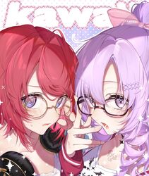  @_@ ange_katrina ange_katrina_(6th_costume) black-framed_eyewear blue_eyes bow glasses hair_bow hair_intakes headphones headphones_around_neck high_ponytail highres hyakumantenbara_salome hyakumantenbara_salome_(2nd_costume) ichimi_shelter long_hair nijisanji open_mouth pink_bow purple_hair redhead romaji_text round_eyewear short_hair sweat virtual_youtuber 