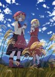  2girls absurdres aki_minoriko aki_shizuha blonde_hair blue_sky dress food food-themed_hair_ornament grape_hair_ornament hair_ornament hat highres kame_(kamepan44231) leaf_hair_ornament long_sleeves multiple_girls open_mouth red_eyes rice_paddy roasted_sweet_potato short_hair siblings sisters skirt sky sweet_potato touhou 