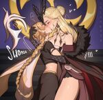  1boy 1girl aether_(genshin_impact) black_gloves black_mask blonde_hair blush breasts brown_hair closed_eyes coat commission creamboyo dangle_earrings earrings elbow_gloves french_kiss fur-trimmed_coat fur_trim genshin_impact gloves hair_bun half_mask height_difference hetero highres jewelry kiss large_breasts long_braid long_hair mask nose_blush signora_(genshin_impact) single_hair_bun tall_female thighs 