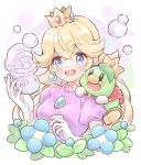  1girl 1other animal_on_shoulder artist_name blonde_hair blue_eyes blue_flower blush boots brooch brown_footwear bubble bubble_peach caterpillar crown dress earrings elbow_gloves flower gloves highres jewelry konata_w1225 leaf looking_at_viewer official_alternate_costume open_mouth portrait prince_florian princess_peach purple_dress short_sleeves sphere_earrings super_mario_bros. super_mario_bros._wonder watermark white_gloves 