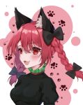  1girl :3 animal_ears black_bow bow braid breasts cat_ears cat_girl commentary_request extra_ears fang hair_bow highres kaenbyou_rin kaisenkurage looking_at_viewer medium_hair nekomata open_mouth paw_print red_eyes redhead side_braids solo touhou twin_braids upper_body 