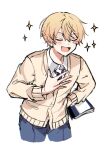  1boy blush cardigan closed_eyes collared_shirt commentary_request cowboy_shot diagonal-striped_necktie fingernails gradient_hair hair_between_eyes hand_on_own_chest hand_on_own_hip highres holding jirijiri_418 kamiyama_high_school_uniform_(project_sekai) korean_commentary long_sleeves male_focus multicolored_hair open_mouth orange_hair project_sekai school_uniform shirt short_hair simple_background solo star_(symbol) tenma_tsukasa white_background yellow_cardigan 