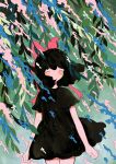  1girl ^_^ black_dress black_hair blush bow branch closed_eyes cropped_legs dress facing_viewer hagi_no_love hair_bow highres leaf no_mouth original pink_bow solo tree wind 