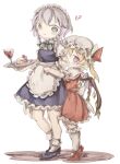  ! !! 2girls absurdres apron apron_tug back_bow blonde_hair blue_footwear blue_skirt blue_vest bobby_socks bow braid cake chigu closed_mouth clothes_tug crystal cup drinking_glass flandre_scarlet food frilled_apron frilled_skirt frilled_sleeves frills from_side fruit full_body grey_eyes grey_hair hat hat_ribbon height_difference highres holding holding_tray izayoi_sakuya large_bow looking_at_another maid maid_headdress mary_janes medium_hair mob_cap multicolored_wings multiple_girls one_side_up open_mouth plate puffy_short_sleeves puffy_sleeves red_footwear red_ribbon red_skirt red_vest ribbon ribbon-trimmed_headwear ribbon_trim shirt shoes short_sleeves simple_background skirt socks standing strawberry strawberry_cake touhou tray twin_braids vest violet_eyes waist_apron white_apron white_background white_bow white_headwear white_shirt white_socks wings 