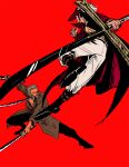  boots dracule_mihawk duel fighting highres large_sword mugibaras one_piece red_background roronoa_zoro sword swordsman weapon 