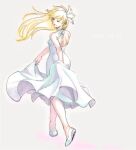  1girl blonde_hair character_request dress flower full_body gensou_suikoden gensou_suikoden_i hair_flower hair_ornament long_hair mina_(suikoden) open_mouth petopise1 simple_background smile solo white_background white_dress white_flower 