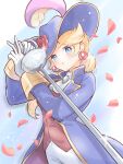  1girl aristocratic_clothes artist_name ascot blonde_hair blue_background blue_eyes blue_headwear blue_jacket brooch earrings flower gloves hat hat_feather highres holding holding_sword holding_weapon jacket jewelry konata_w1225 looking_at_viewer official_alternate_costume open_clothes open_jacket pants petals princess_peach princess_peach:_showtime! rapier red_flower red_rose red_vest rose rose_petals solo sphere_earrings super_mario_bros. sword swordfighter_peach upper_body vest watermark weapon white_ascot white_gloves white_pants 
