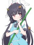  1girl absurdres apron black_bow black_bowtie black_hair blue_apron blue_archive blush bow bowtie broom closed_mouth commentary_request grey_halo halo highres holding holding_broom leaf leaf_on_head long_hair looking_to_the_side mangyu0111 miyu_(blue_archive) red_eyes shirt simple_background solo white_background white_hair white_shirt 