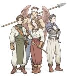  1girl 3boys armor black_hair boots brown_gloves brown_hair canopus_wolph catiua_powell clenched_hand closed_mouth denim_powell feathered_wings full_body gloves long_hair looking_at_viewer multiple_boys simple_background staff standing sword tactics_ogre weapon white_background windcaller wings 