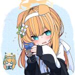  1girl animal_ears blue_archive blue_eyes blush flower hair_flower hair_ornament hairband halo highres inumi_noko jacket long_hair long_sleeves mari_(blue_archive) mari_(track)_(blue_archive) multiple_views open_mouth orange_hair orange_halo track_jacket white_flower white_hairband 