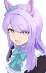  1girl :o animal_ears blush bow commentary ear_ribbon food food_on_face green_bow harakomeshi highres horse_ears horse_girl long_hair looking_at_viewer mejiro_mcqueen_(umamusume) purple_hair simple_background solo swept_bangs umamusume upper_body violet_eyes wavy_mouth white_background 