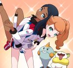  2girls :d absurdres aged_down assisted_stretching back-to-back black_hair chewtle closed_mouth commentary_request dark-skinned_female dark_skin eyelashes green_eyes gym_challenge_uniform highres kneehighs knees locked_arms long_hair looking_at_viewer multiple_girls nessa_(pokemon) open_mouth orange_hair pokemon pokemon_(creature) pokemon_(game) pokemon_swsh shirt shorts side_ponytail side_slit side_slit_shorts smile socks sonia_(pokemon) tongue trembling white_shirt white_shorts white_socks yamper yuu_(jgvj7873) 